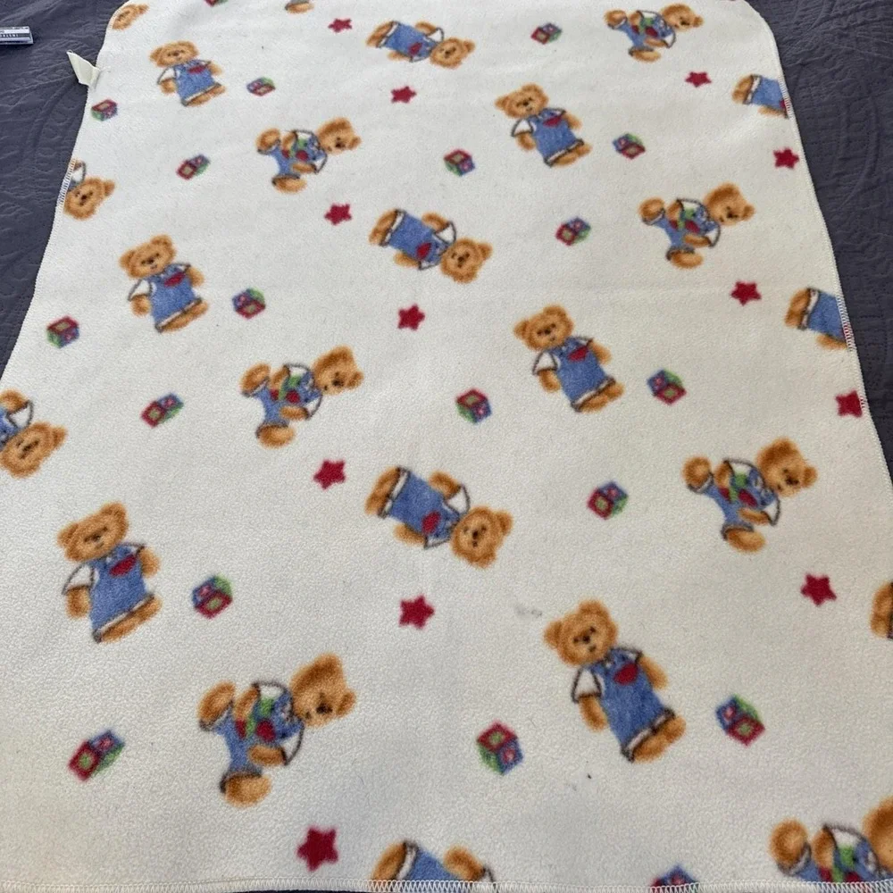 Cherokee‎ Baby Blue Jean Teddy Bear Fleece Baby Blanket Hearts Stars 31x40